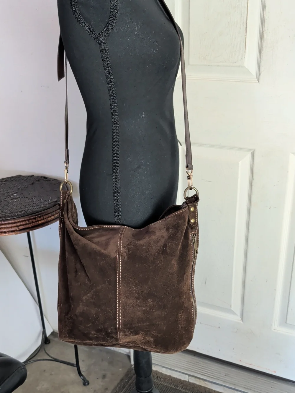 Sundance Distressed Suede Hobo Bag Purse Brown Bohemian Chic Long Strap